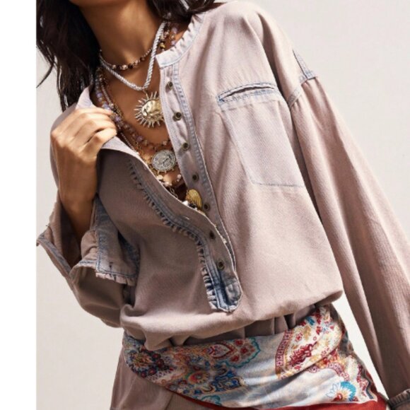 NEW Pink Denim Dreaming Pullover Oversized ruffled trim Blouse - Picture 1 of 10